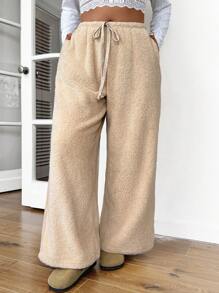 SHEIN Frenchy Quần dài màu trơn hai mặt ấm áp tối giản giản dị cỡ lớn, thích hợp cho giải trí và ở nhà, thoải mái - Màu be - Xem 1