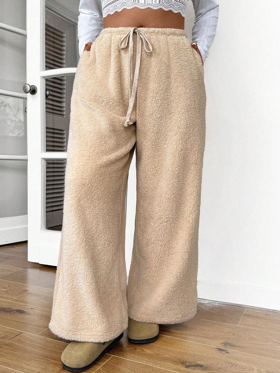 SHEIN Frenchy Quần dài màu trơn hai mặt ấm áp tối giản giản dị cỡ lớn, thích hợp cho giải trí và ở nhà, thoải mái - Màu be - Xem 1