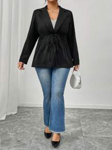 SHEIN Frenchy Plus Size Women Solid Color Stand Collar Long Sleeve Tie Waist Casual Jacket, Autumn