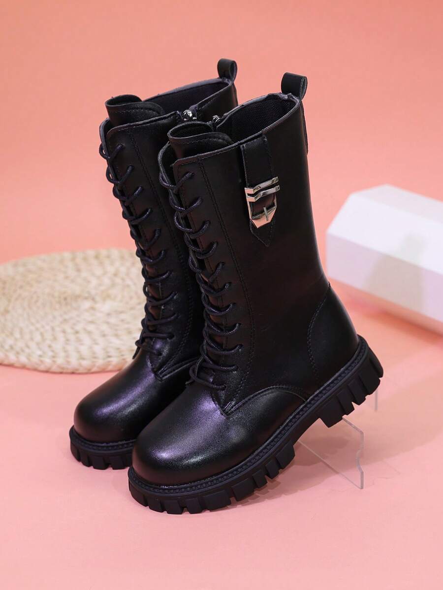 Giày bốt mùa đông cho bé gái phong cách mới cỡ trung - Giày bốt cổ dài mũi tròn đế bằng đi xe máy cho trẻ em, da - màu đen - Xem 1