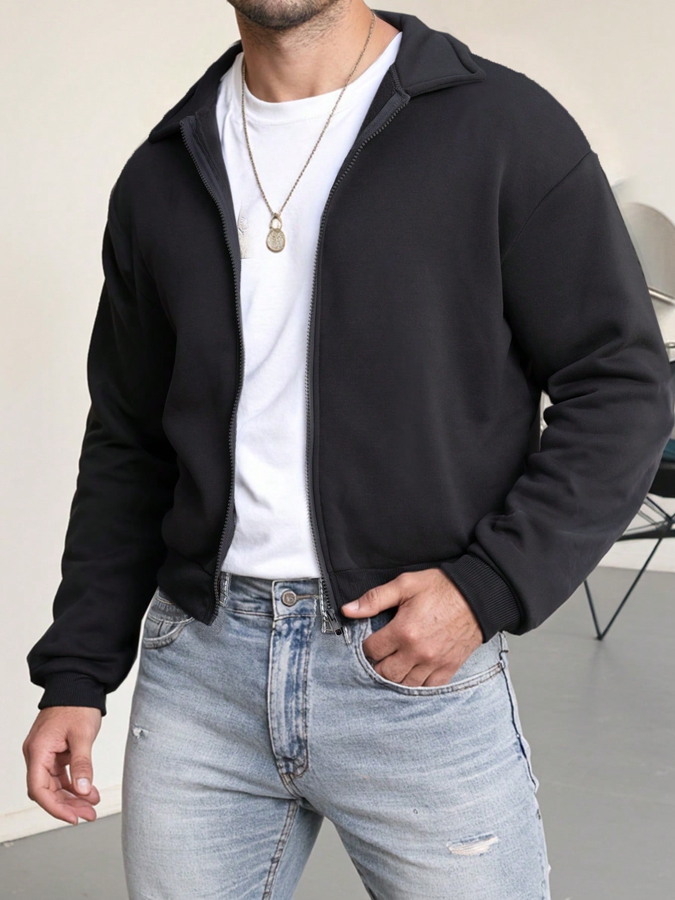 Manfinity Dauomo Men Solid Zip Up Jacket For Spring & Autumn