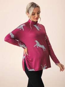 SHEIN Camiseta de manga larga con hombros caídos y estampado de leopardo rojo para maternidad, talla pequeña - Multicolor - Ver 3