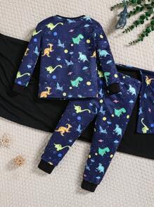 SHEIN 3pcs/Set Boy Snug Fit Fluorescent Cartoon Dinosaur Print Round Neck Long Sleeve Top And Pants & Throw Blanket Casual Comfortable Sleepwear Set - Black - View 3