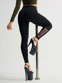 Menodora SHEIN Sport Women Black High Waist Hollow Minimalist Sport Leggings, For Pole Dance & Daily Fitness