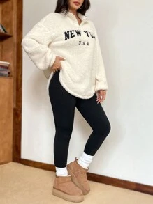 SHEIN EZwear Conjunto de Moletom com Gola Alta e Legging de Fleece Justas com Novo Padrão de Letra, Outono/Inverno - Multicolorido - Visão 4