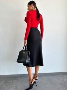 Firerie 2pcs/Set Women Solid Round Neck Long Sleeve Top With Floral Decor And Pencil Skirt
