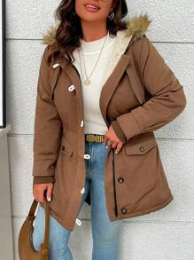 SHEIN LUNE Plus Size Front Zip Pocket Long Sleeve Furry Patchwork Hooded Casual Padded Coat Fall Cloth For Women - Khaki - View 6