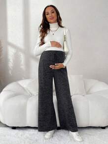 SHEIN 孕妇纯色系腰高腰休闲宽腿裤，适合孕妇 - 深灰色 - 查看 5