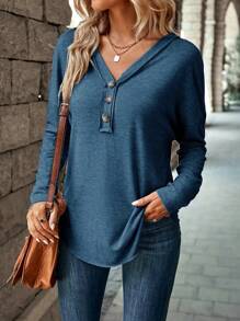 SHEIN LUNE 1 Áo thun nữ tay dài cổ chữ V màu trơn hở vai, đa năng cho mùa thu - Màu xanh lam - Xem 5