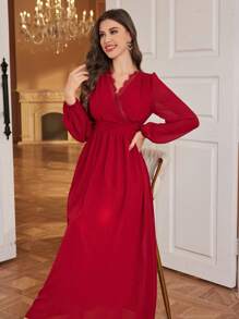 Modelyn Women's Vintage V-Neck Waisted Lace Trim Dress - Burgundy - View 4