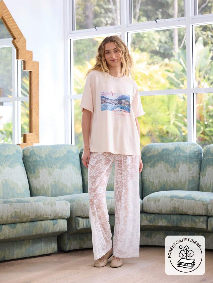 Aralina Women Letter Print Loose Casual Round Neck Dropped Shoulder T-Shirt - Apricot - View 1