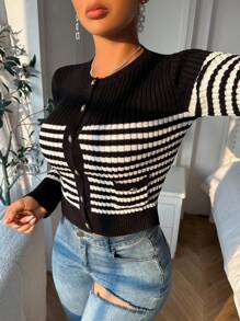 Chiquease Striped Print Slim Fit Metal Button Front Cardigan