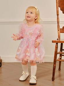 SHEIN Baby Girl 2-4T Winter New Floral Embroidery Tulle Long Sleeve Princess Dress, Elegant And For Christmas, New Year Party, Birthday - Pink - View 4