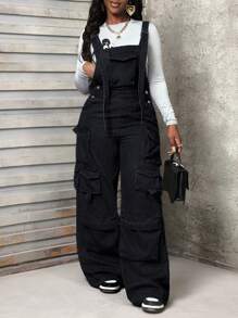 SHEIN Slayr 休闲洗水阔腿牛仔连体裤 - 黑色 - 查看 4