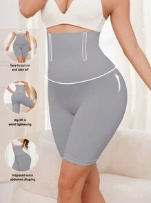 Solid Color High Waist Skinny Control Shorts, Suitable For Everyday Wear
