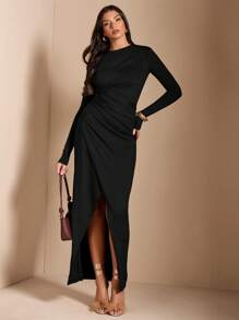 SHEIN BAE 女士纯色棕色/咖啡色不对称褶皱长袖高开衩加厚针织连衣裙，适合鸡尾酒会、浪漫约会、冬季分层穿着、派对、正式活动、伴娘礼服、夜间外出、万圣节、圣诞节