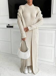Maxi Hoodie Cardigan And Dress Knit Set - Apricot - View 4