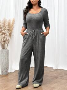 SHEIN Frenchy Set de 2 piezas de body acanalado gris y pantalones, conjunto de entrenamiento cómodo, chándal, estilo informal, body de manga larga y pantalones de pierna ancha, esenciales básicos de otoño e invierno, pantalones holgados, manga larga, ropa de invierno