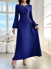 Modelyn 女士 V 领灯笼袖仿珍珠装饰超长优雅朴素长袖阿巴亚长款晚礼服 - 寶藍色 - 查看 3