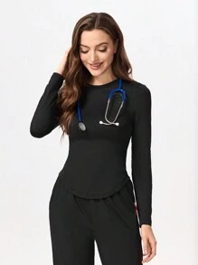 TaskEZ 纯色圆领长袖简约上衣和裤子手术服套装，/医疗保健 - 黑色 - 查看 6