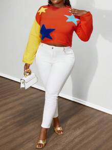 Maweii Plus Black Crew Neck Long Sleeve Contrast Color Star Pattern Cropped Sweater, Autumn/Winter Knit Pullover Fall - Orange - View 4