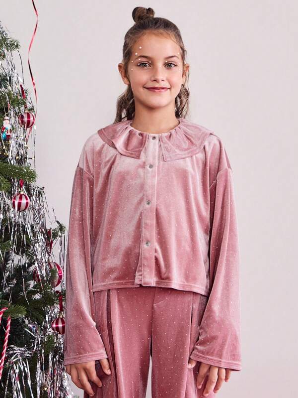 SHEIN Blusa de manga larga con botones al frente, volantes de terciopelo y diseño lindo para niñas preadolescentes, en color rosa, ideal para fiestas de Navidad/Año Nuevo, otoño/invierno