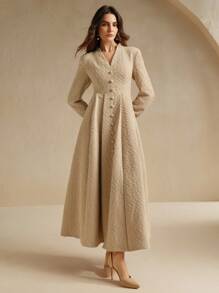 Anewsta 女士 V 领高腰灯笼袖连衣裙，优雅宫廷风格长款粗花呢女装 - 杏色 - 查看 4