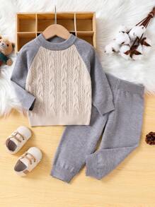 Set de 2 piezas Conjunto de invierno para bebé niño, suéter de punto de manga raglán y pantalón de punto, cálido y cómodo, casual y versátil