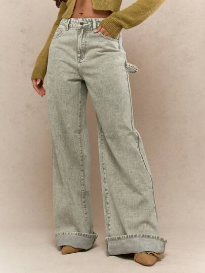 MISSGUIDED Pantalones vaqueros de pierna ancha de cintura alta, corte recto, holgados, estilo utilitario de calle, moda de otoño e invierno, ropa de trabajo de carpintero