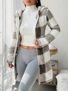 SHEIN EZwear Plaid & Fluffy Trim Zip Front Hoodie Jacket, Ladies Casual