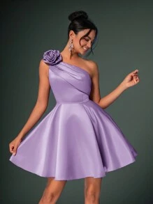 Lovelzi Elegant Fancy Pink 3D Floral One Shoulder Swing Peplum Cocktail Party Mini Dress, Semi Formal Prom Dress, For Birthday, Wedding Guest, Graduation Homecoming