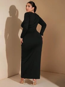 SHEIN BAE Tenues élégantes d'automne pour femmes sortant, robe asymétrique avec découpe oblique pour soirée et rendez-vous, chemise slim à manches longues - Noir - Voir 2