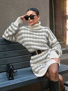 SHEIN Cottnline Knitwear Oversize Dress With Wavy Knit Pattern - Light Grey - View 5