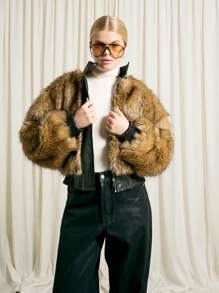 AiiRZ Luxurious Faux Fur Bomber Jacket With Zip Front Funnel Neck Winter Casual Outerwear Lined Cropped Puffer Fashion Statement Piece - Brown - View 1