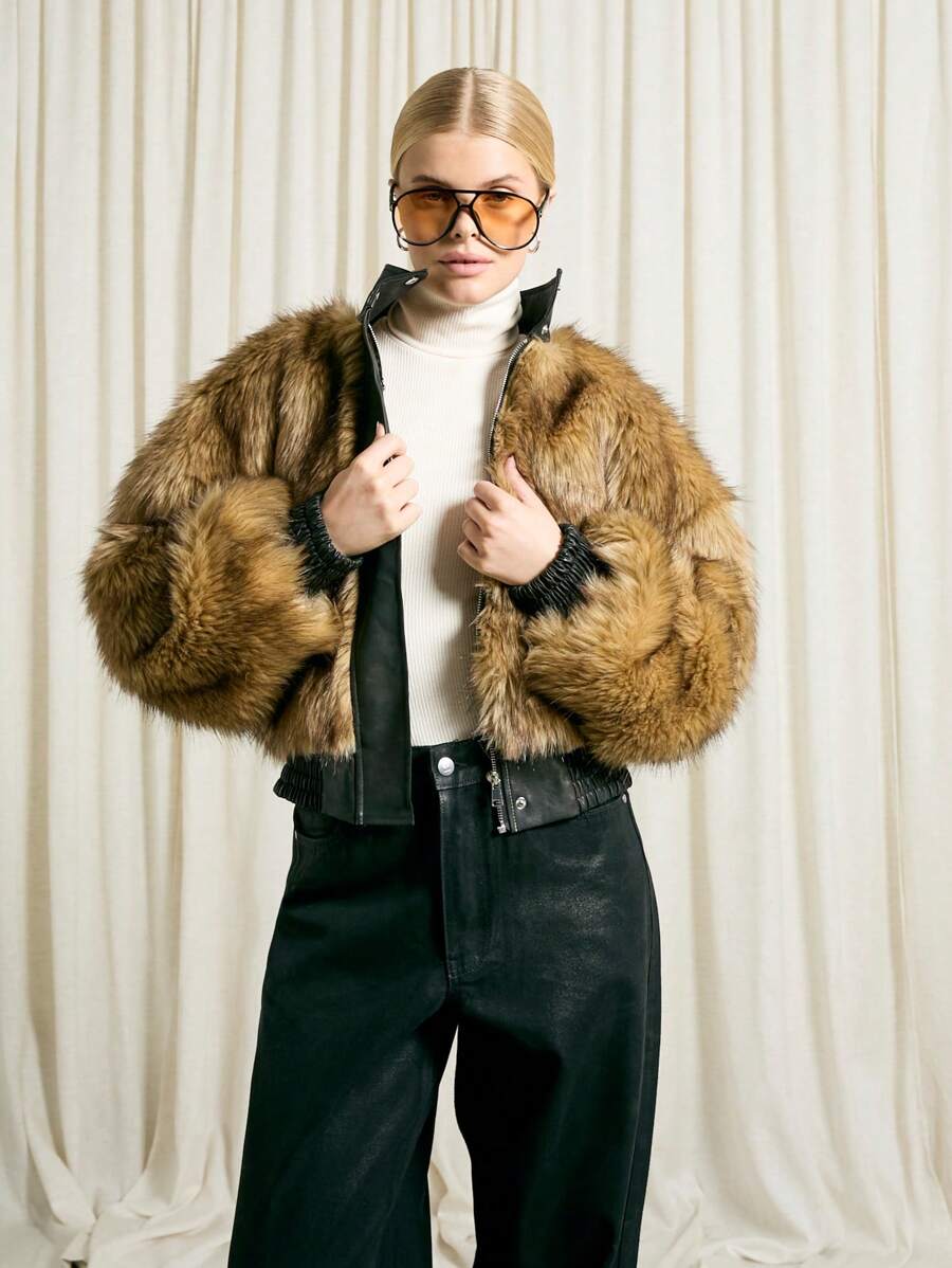 AiiRZ Luxurious Faux Fur Bomber Jacket With Zip Front Funnel Neck Winter Casual Outerwear Lined Cropped Puffer Fashion Statement Piece - Brown - View 1