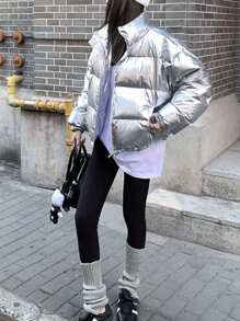 SHEIN Essnce Giacca corta da donna di colore argento, cappotto imbottito caldo e spesso, adatto per l'inverno, feste di Natale, tempo freddo - Argento - Visualizzare 1