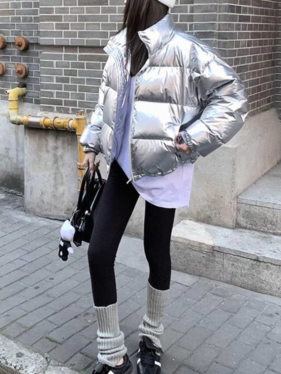SHEIN Essnce Giacca corta da donna di colore argento, cappotto imbottito caldo e spesso, adatto per l'inverno, feste di Natale, tempo freddo - Argento - Visualizzare 1