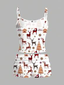 SHEIN EZwear 圣诞格子驯鹿蕾丝吊带背心和褶皱短裤两件套女士适合夏季 - 彩色 - 查看 3