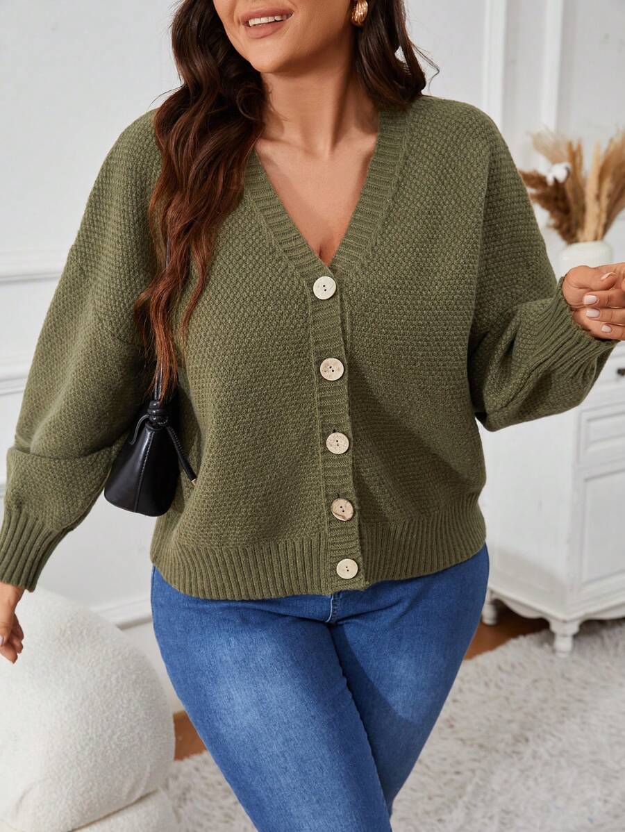 SHEIN VCAY Plus Size Plain Front Button Long Sleeve Casual Cardigan, Winter - Army Green - View 1