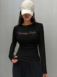 FRIFUL 女士圆领长袖字母印花休闲T恤，秋季学院风上衣，带保暖内衬