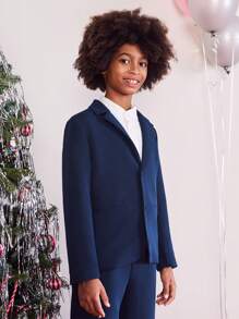 SHEIN Tween Boy 蓝色圣诞新年门襟长袖简约休闲套装，秋冬 - 寶藍色 - 查看 4