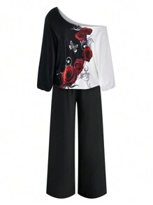 SHEIN LUNE 2pcs Plus Size Elegant Splicing Floral Print Top And Wide Leg Pants Set, Autumn - Black and White - View 4