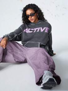 SHEIN Sports Farbblock Buchstaben Muster Thermisch gefütterte Sport Sweatshirt - Dunkelgrau - Übersicht 4