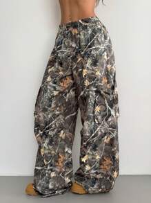 Coolane 女款春夏 Y2K 基本款迷彩喇叭裤 - 軍綠色 - 查看 4