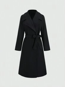 SHEIN Unity Solid Color Belt Elegant Long Sleeve Overcoat, Autumn/Winter - Black - View 1
