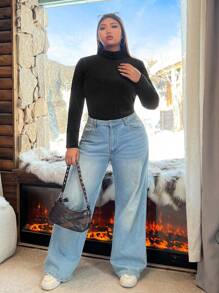 SHEIN EZwear 大码天鹅绒罗纹保暖紧身衣 - 黑色 - 查看 4