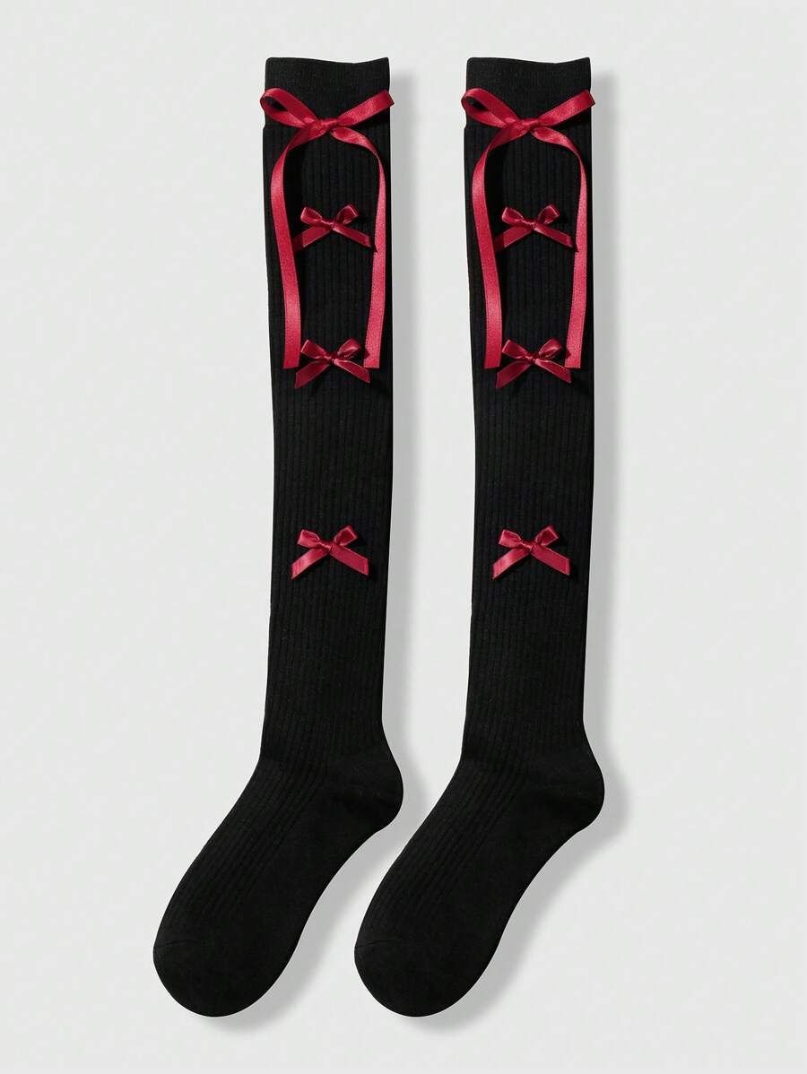 ROMWE Kawaii 1 双复古甜美前卫时尚修身哥特式风格柔软温暖黑色垂直条纹和酒红色蝴蝶结 JK 过膝袜，带防滑硅胶，适合女性日常装扮，礼盒包装 - 黑色 - 查看 1