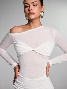 SHEIN BAE 1 chiếc váy xếp ly bó sát cổ bẻ màu trơn thanh lịch cho nữ - trắng - Xem 3