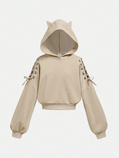 SHEIN Girlism 青少年女孩时尚街头风格耳饰休闲连帽长袖抽绳套头衫，秋冬