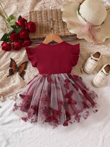 SHEIN Vestido De Malla De Bordado De Mariposa Para Niña Con Volantes Y Lazo En La Parte Frontal - Burdeos - Ver 2